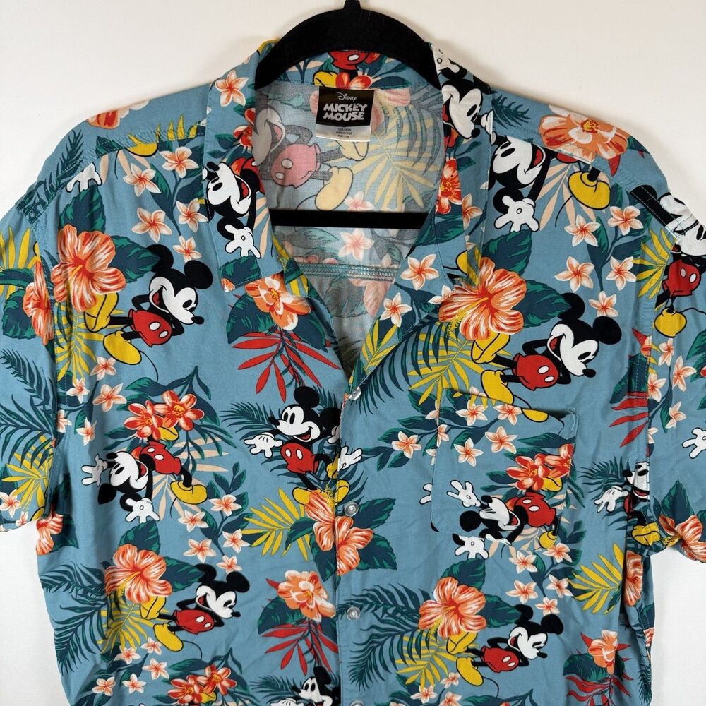 Disney Mickey Mouse Hawaiian Shirt Mens XL Floral Print Button Up Tropical Soft - Picture 3 of 9